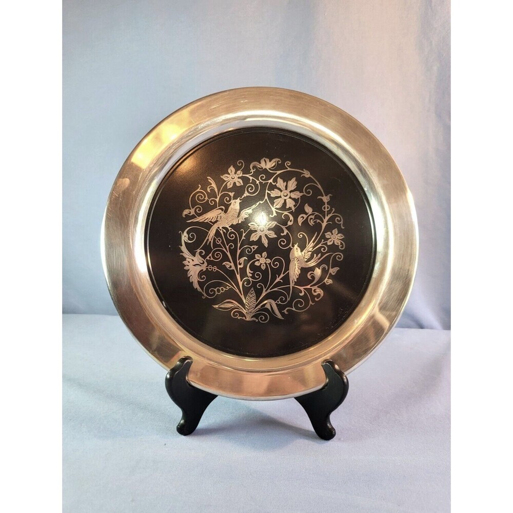 Oneida Silver Plated Plate Bird & Flowers Art Nouveau Enamel Black Decor